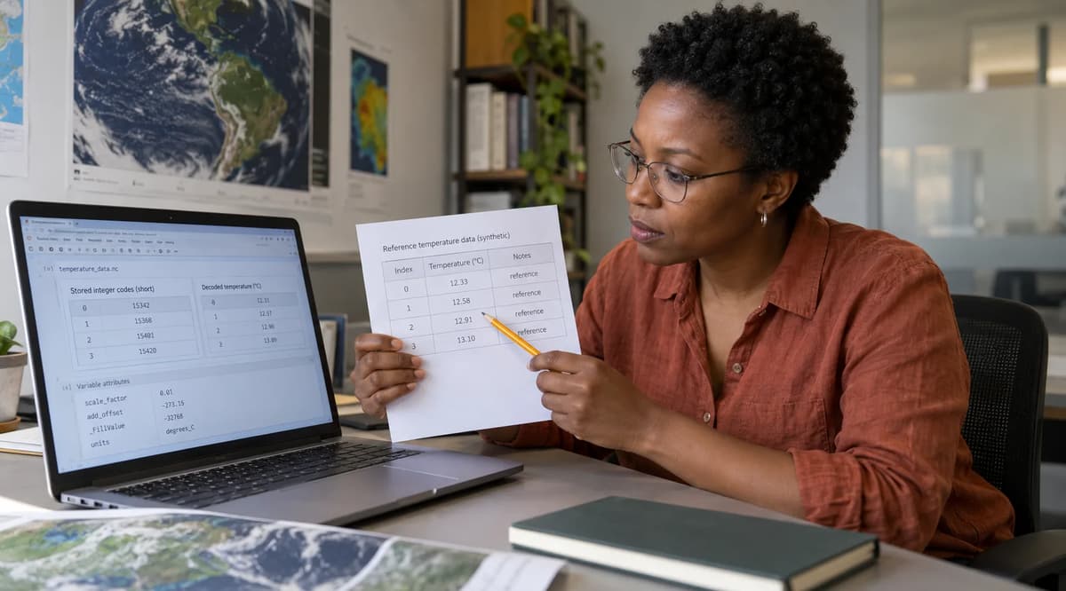 Data engineer comparing netCDF4 temperature data on a laptop with a printed reference sheet.