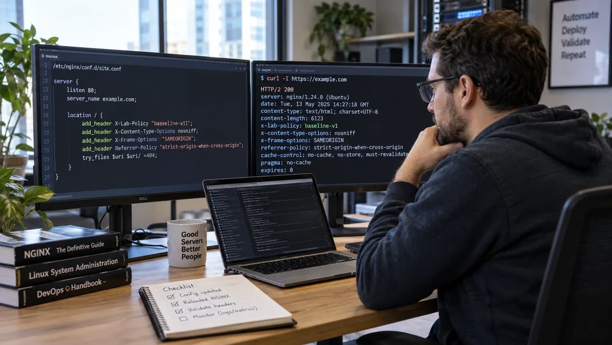 System administrator validating NGINX response headers after a configuration change