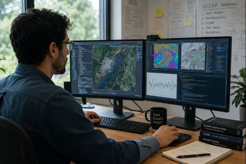 Remote-sensing scientist analyzing NISAR SAR imagery, interferograms, time-series data, and processing code on dual monitors
