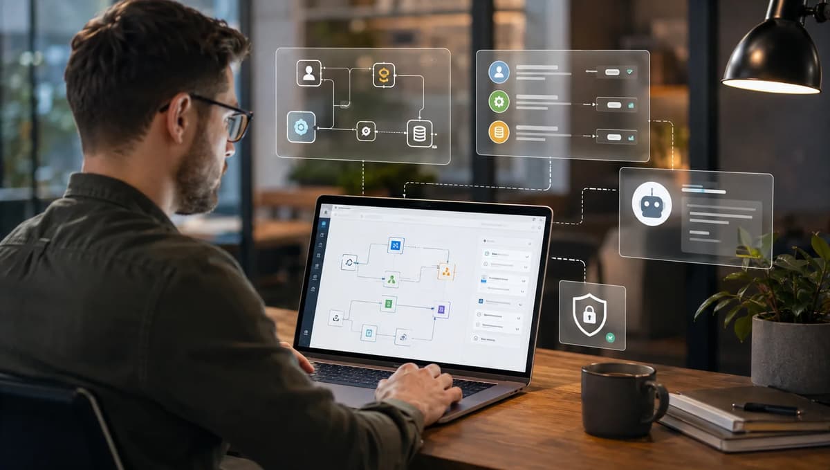 No-code automation specialist building secure AI agent workflows with MCP on a laptop