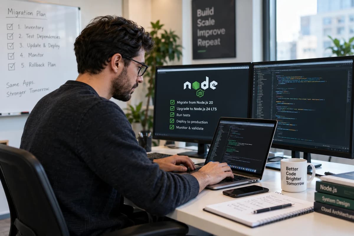 Backend developer working at a laptop with code and a Node.js 20 to Node.js 24 LTS migration checklist on dual monitors.