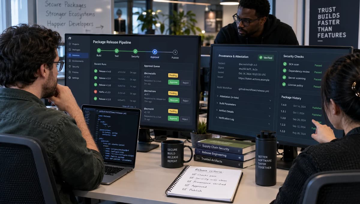 Software supply chain engineers reviewing npm OIDC publisher rules, staged releases, provenance evidence, and CI workflow permissions in a release operations workspace
