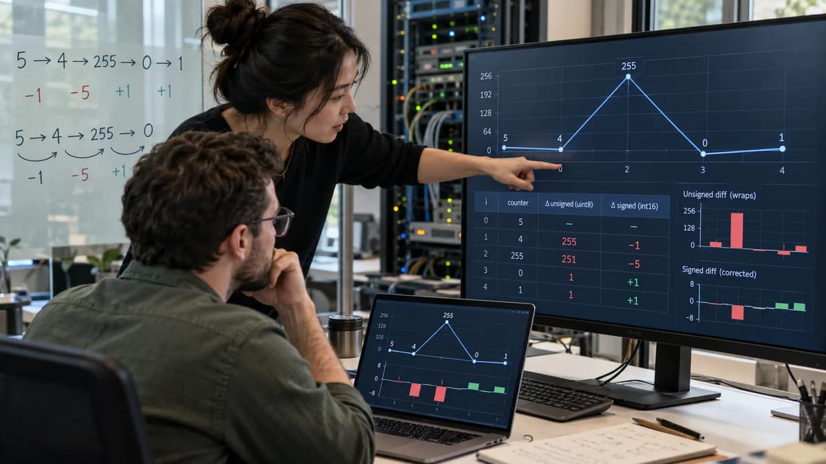 Data engineers comparing wrapped unsigned NumPy counter differences with corrected signed interval deltas on telemetry dashboards.