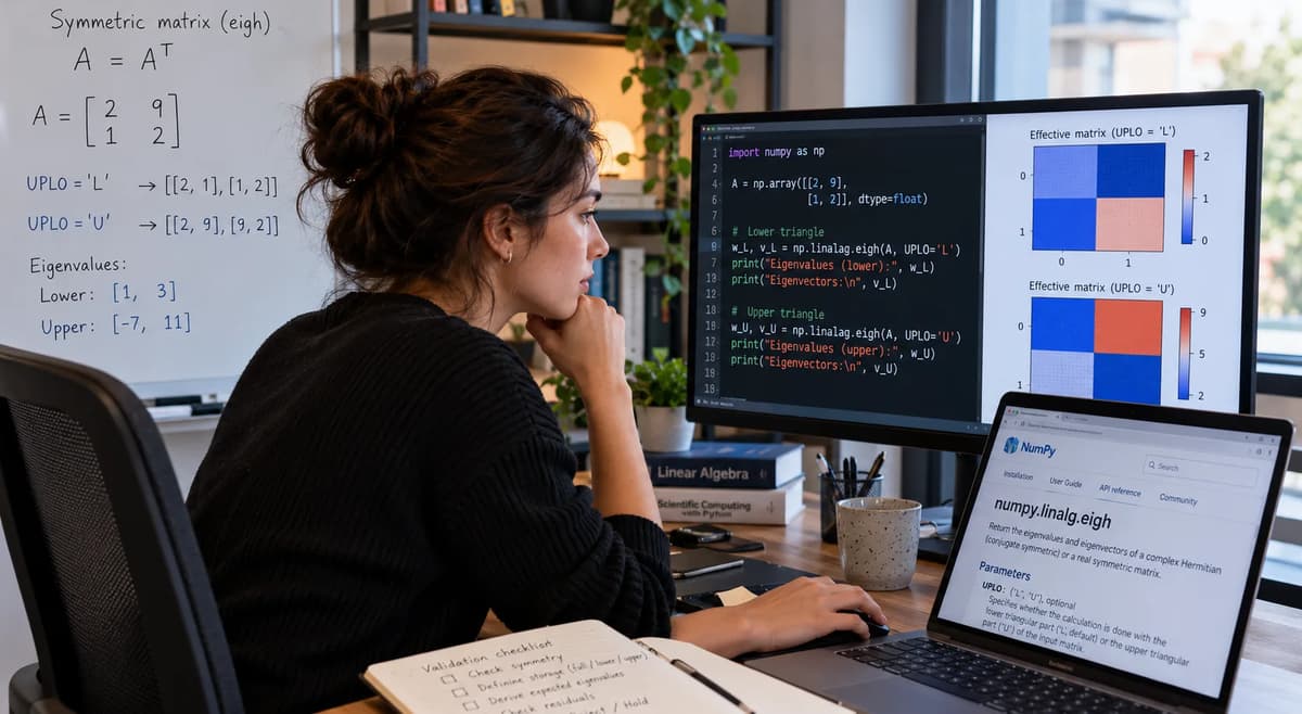Scientific Python engineer validating NumPy eigh lower- and upper-triangle matrix results at a workstation