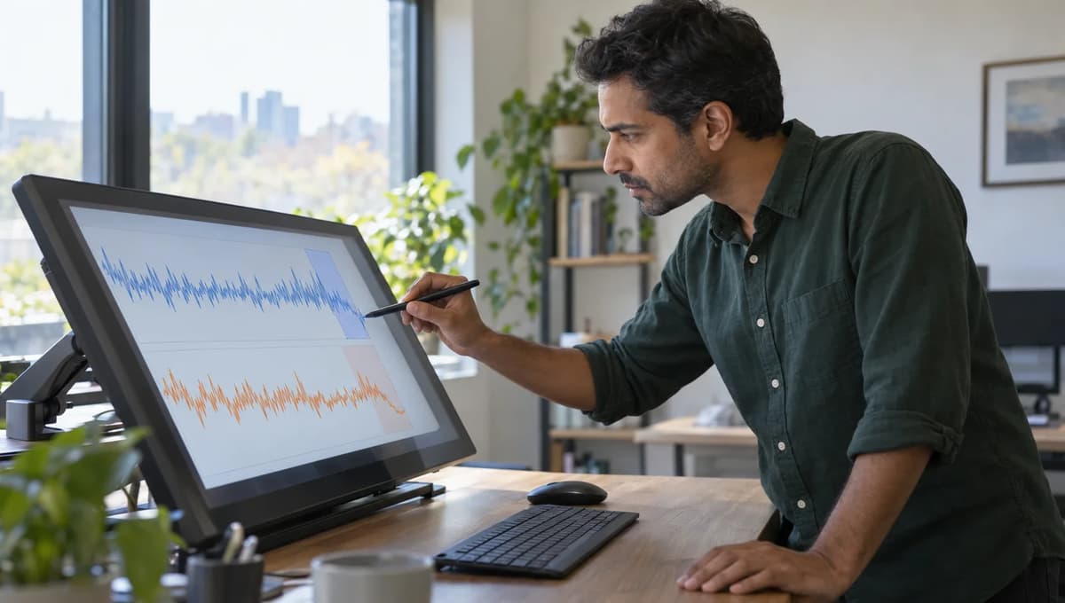 Programmer using a stylus to compare original and reconstructed signal traces on an angled display