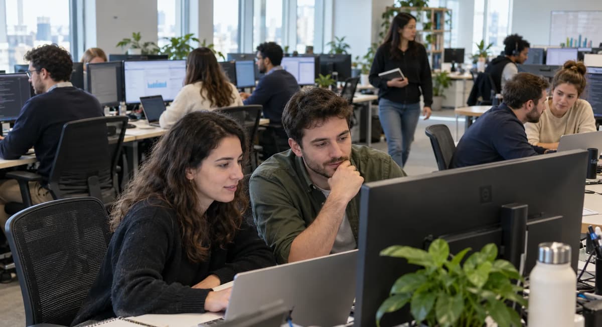 Two colleagues collaborating at a computer workstation in an open-plan office with other employees working nearby.