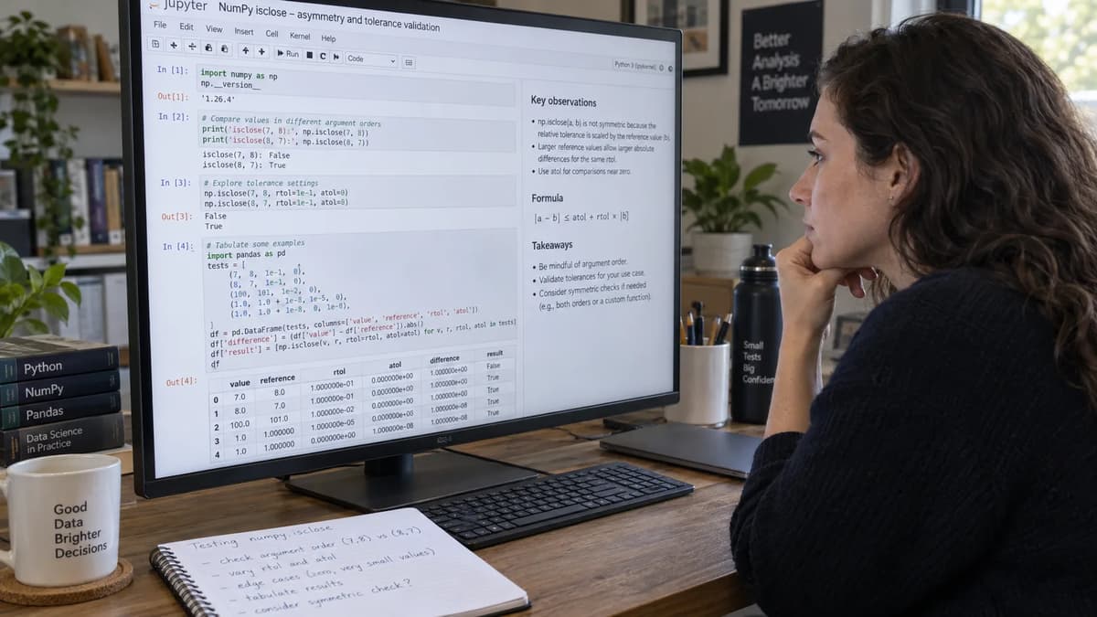 Python developer reviewing NumPy isclose argument order and reference-based tolerance checks on a computer screen.