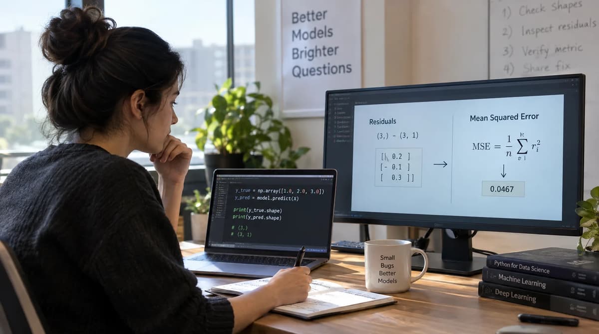 Data scientist checking NumPy array shapes and mean squared error calculations on multiple screens