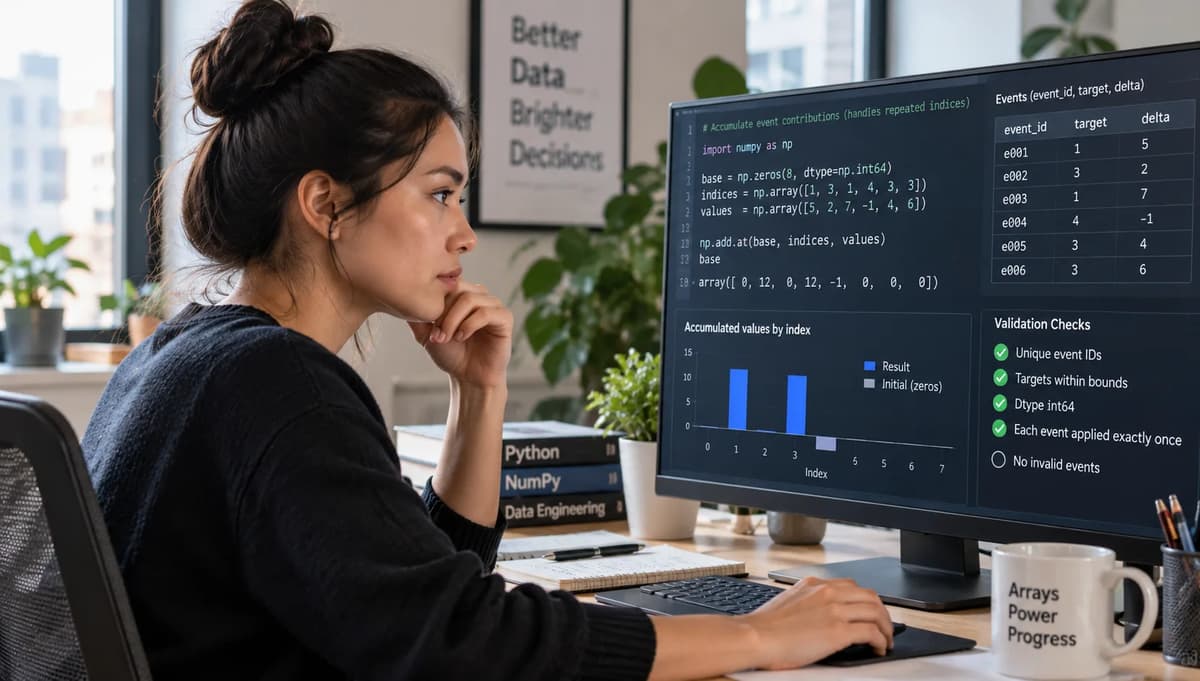 Data engineer reviewing NumPy repeated-index accumulation and validation results on a desktop monitor