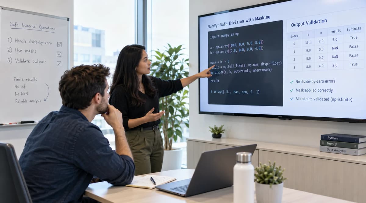 Data scientists reviewing masked NumPy division and output validation in a professional office