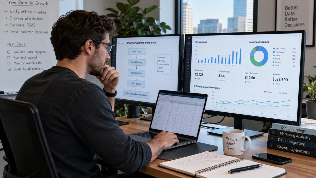 Marketing measurement specialist reviewing offline conversion mapping and reconciliation dashboards at a workstation