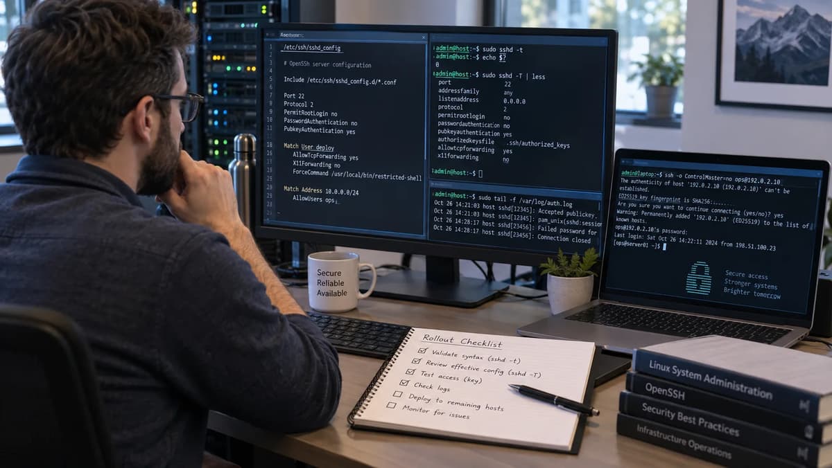 Linux system administrator validating OpenSSH Include and Match policies through fresh SSH connection tests
