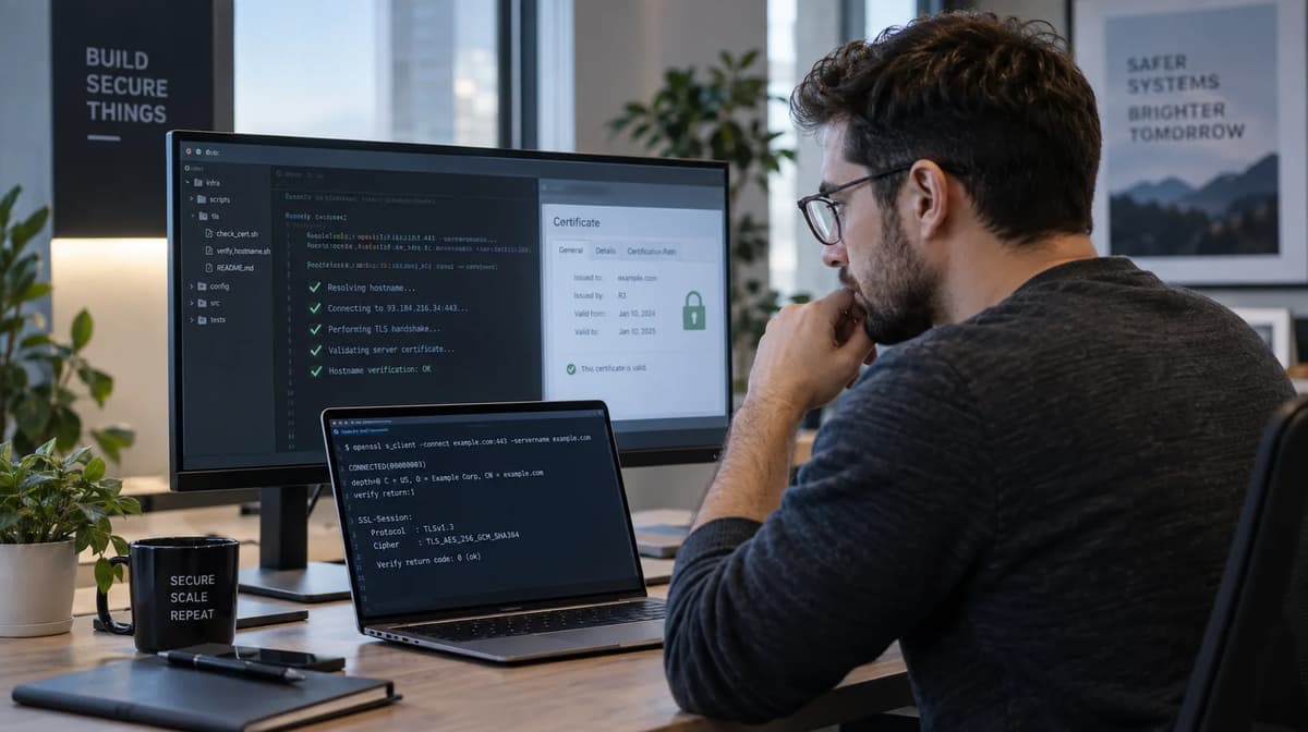 Cloud security engineer testing OpenSSL hostname verification and TLS certificate validation at a workstation