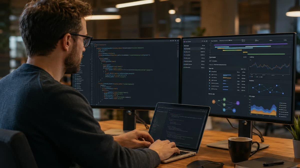 Backend developer instrumenting application code with OpenTelemetry while reviewing distributed traces and performance data
