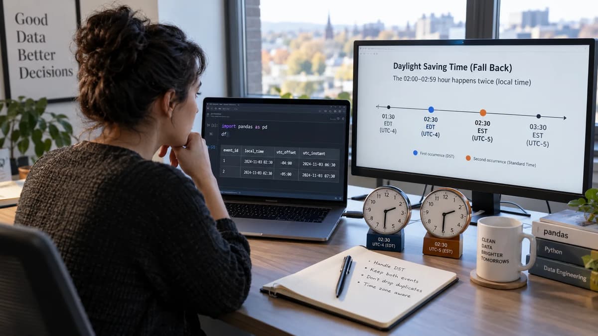Data engineer reviewing pandas timestamps and UTC offsets to preserve distinct events during a daylight saving time fallback.