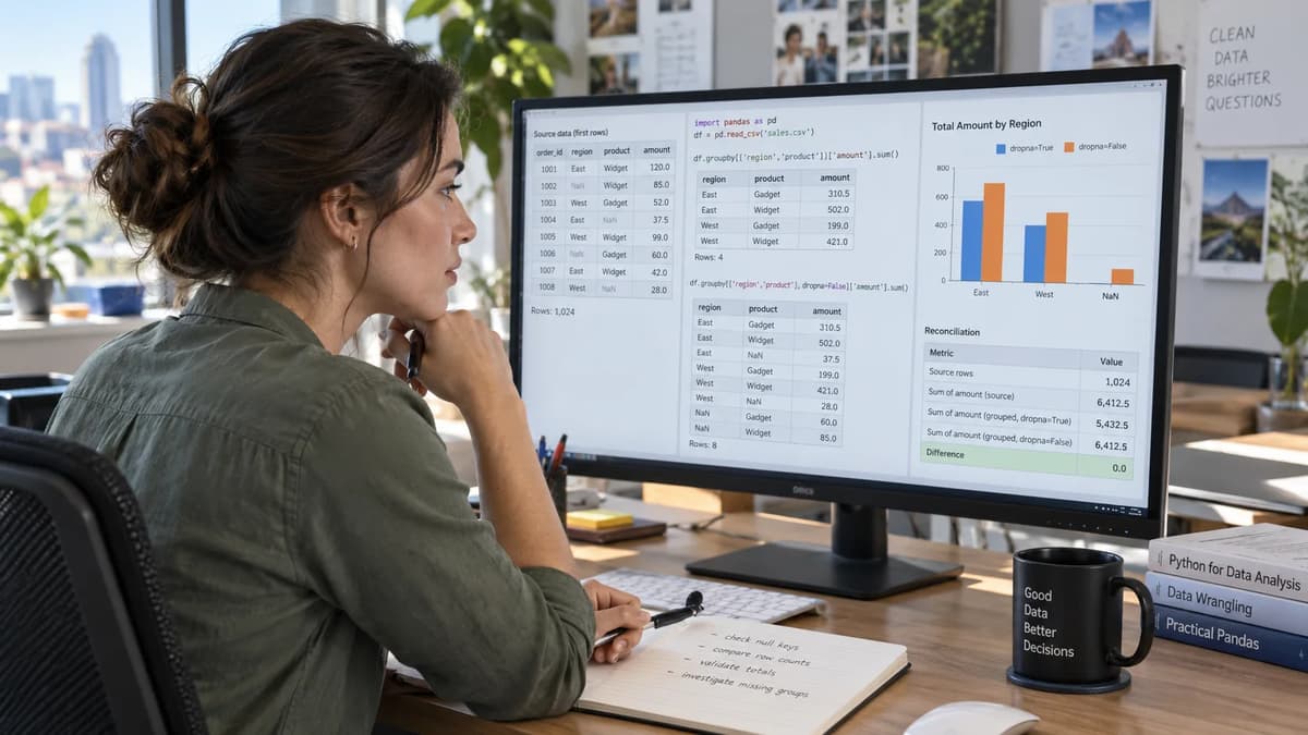 Data analyst reviewing pandas GroupBy results and missing-key rows on a computer at work.