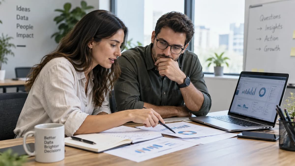 Two data analysts reviewing pandas report charts and missing-value provenance on a laptop in a modern office.
