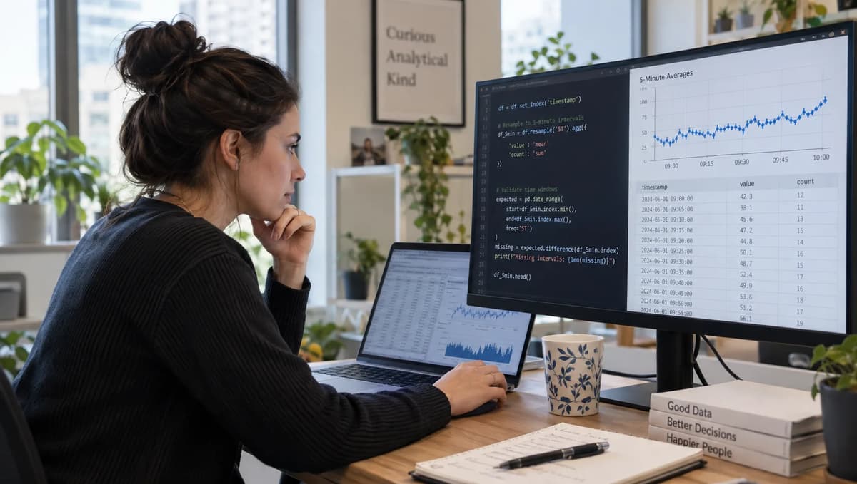 Data analyst validating pandas resample time-window membership on multiple screens