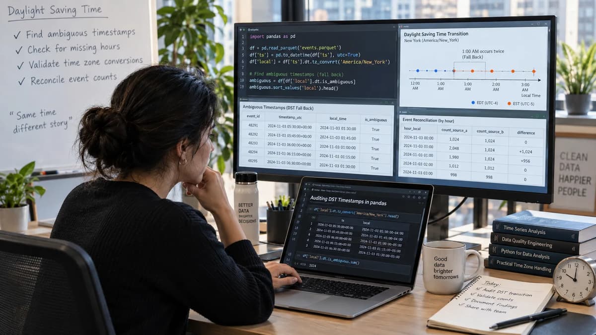 Data-quality engineer auditing pandas daylight-saving timestamps and reconciling event totals on office monitors