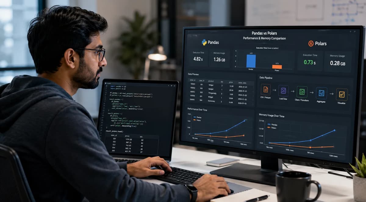 Data scientist comparing Pandas and Polars performance and memory usage on multiple computer screens