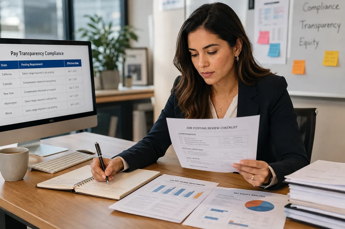 HR compliance professional reviewing salary range disclosure requirements for multi-state job postings