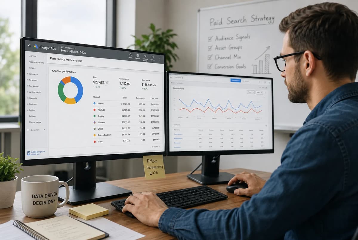 Paid search specialist analyzing Performance Max channel-level reporting and Google Ads campaign data on dual monitors