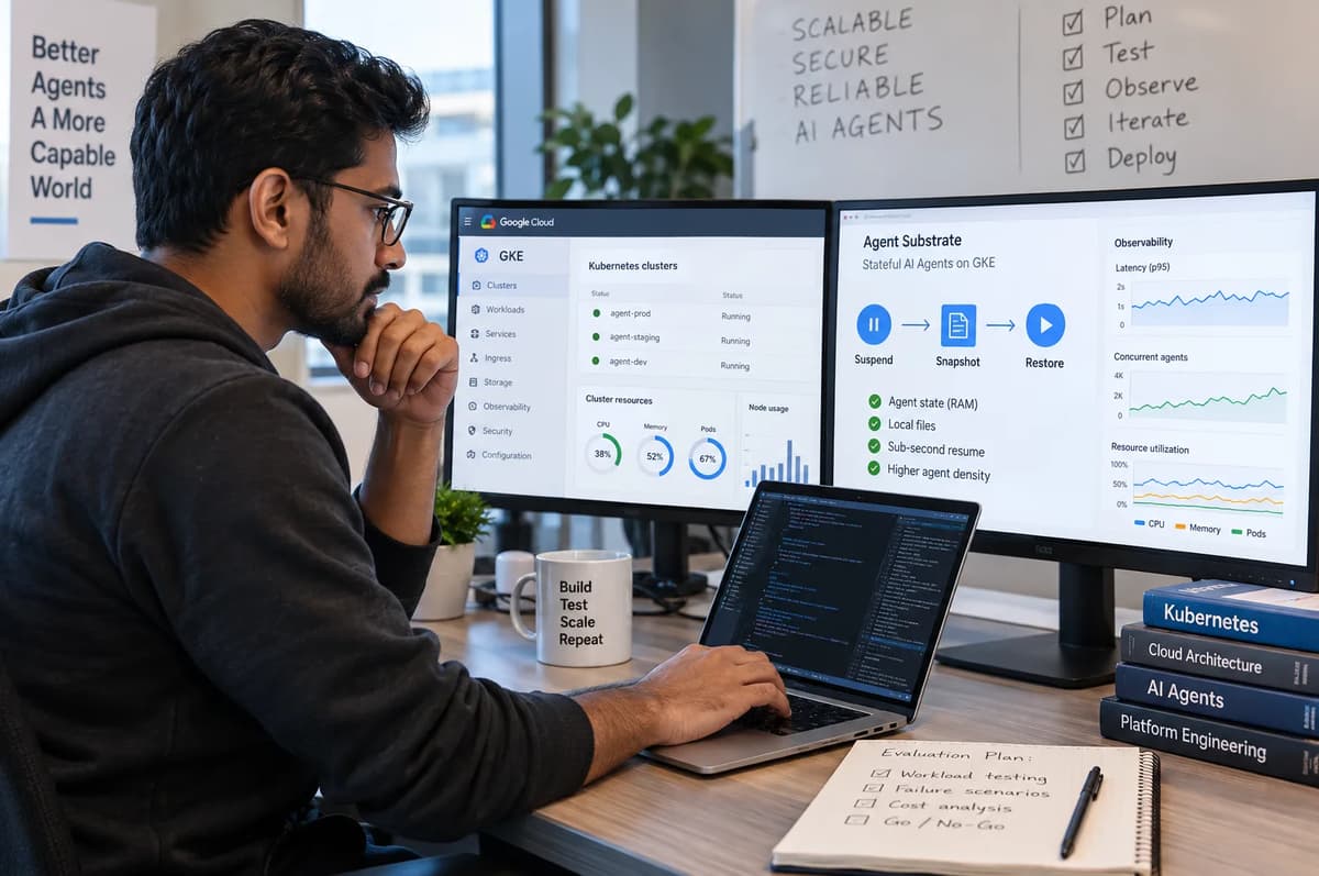 Platform engineer evaluating GKE Agent Substrate dashboards for stateful AI agent suspension, restoration, and observability