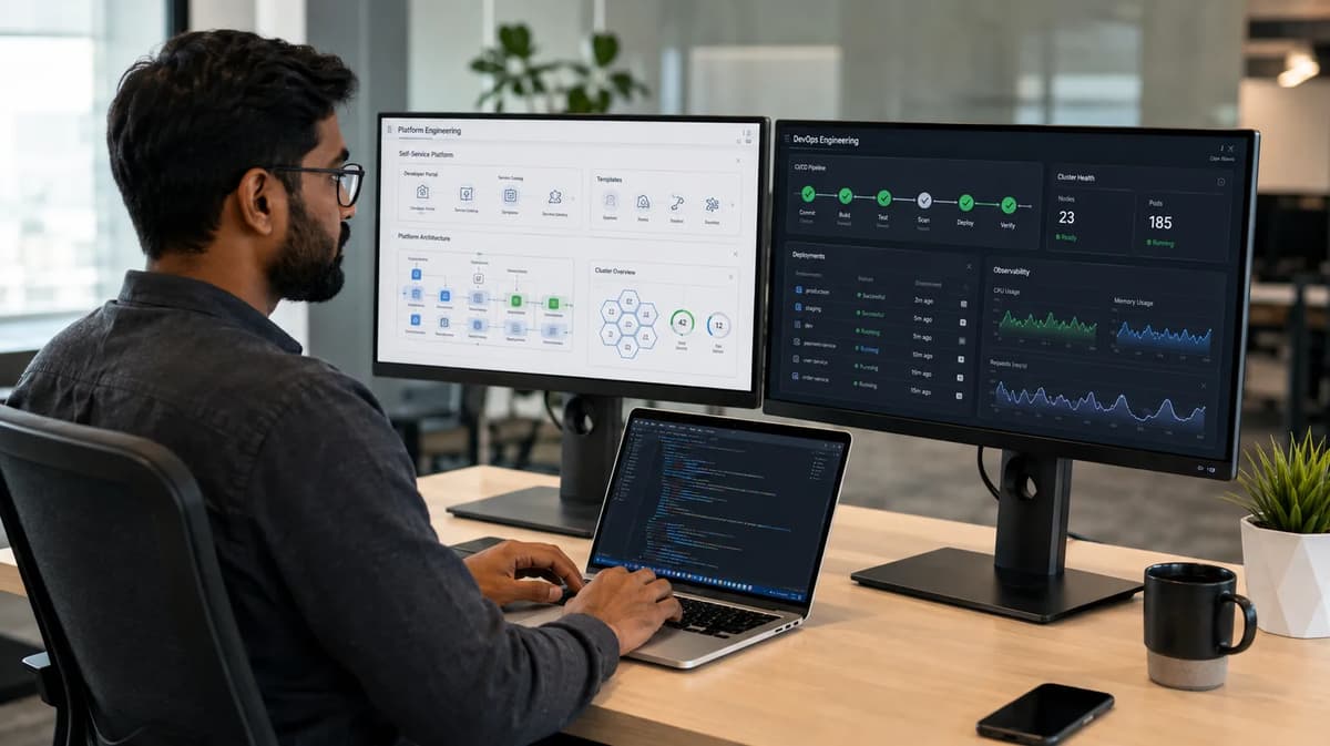 Platform engineer working at a dual-monitor workstation displaying DevOps pipelines and internal developer platform dashboards