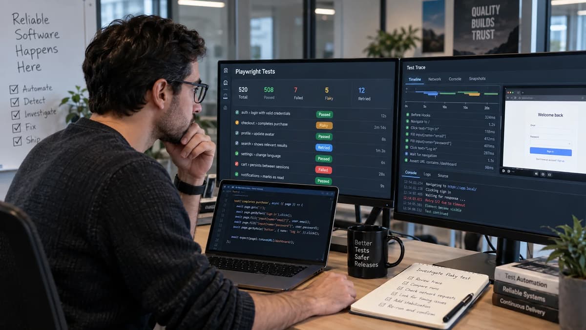 QA automation engineer analyzing Playwright retries, flaky test failures, and trace evidence on multiple monitors