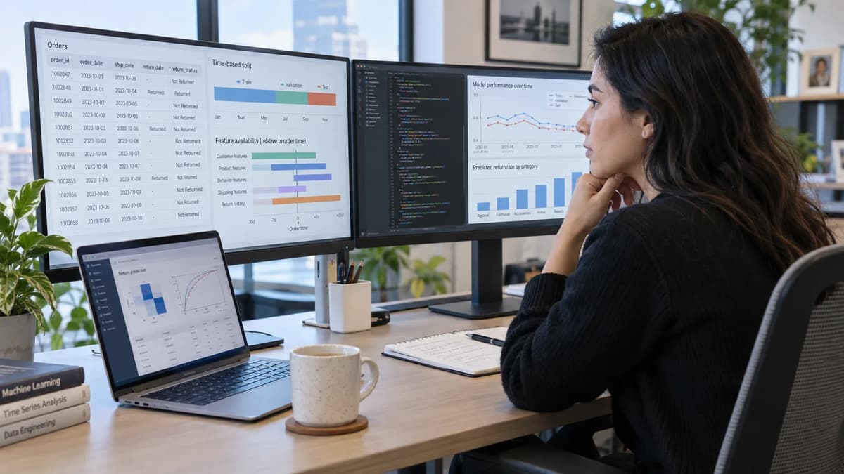 Data scientist reviewing time-based model validation, feature availability, and retail return data on multiple office monitors