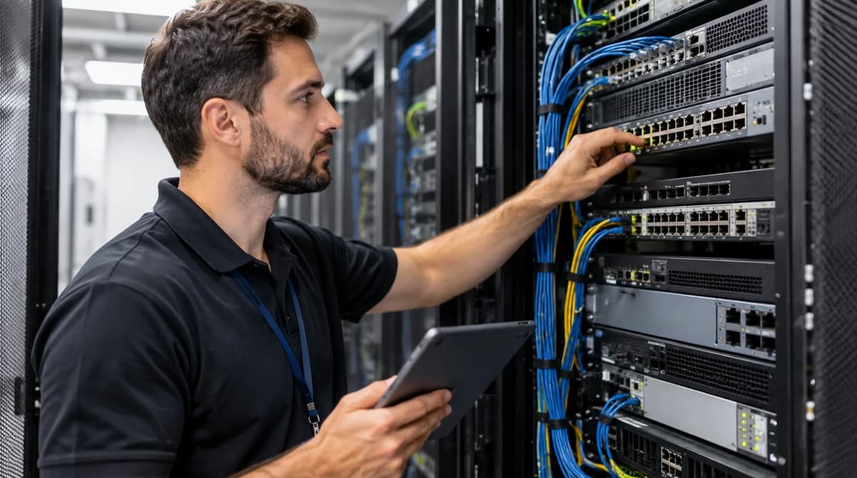 IT technician inspecting rack-mounted switches and routers in a network equipment room.