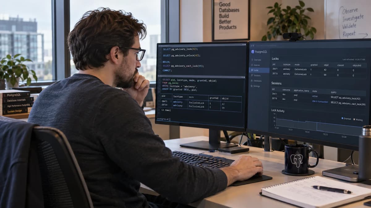 Database engineer validating PostgreSQL advisory lock ownership across sessions and transactions