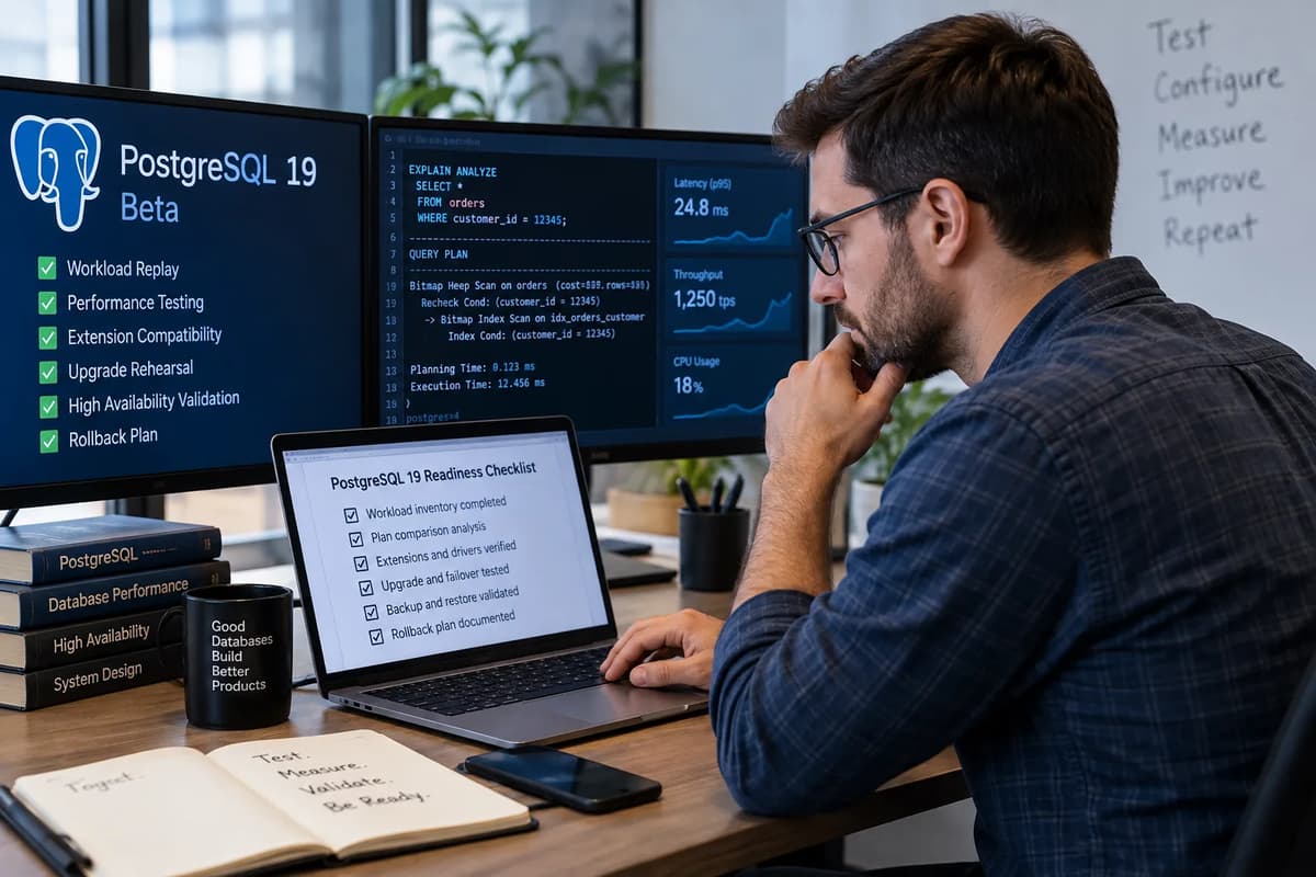 Database administrator reviewing PostgreSQL 19 query plans, performance dashboards, and a readiness checklist.