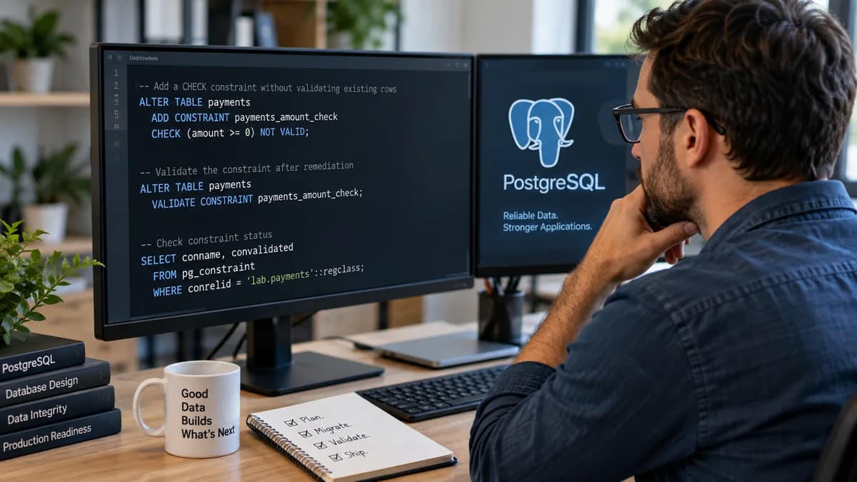 Database engineer validating a PostgreSQL NOT VALID CHECK constraint rollout
