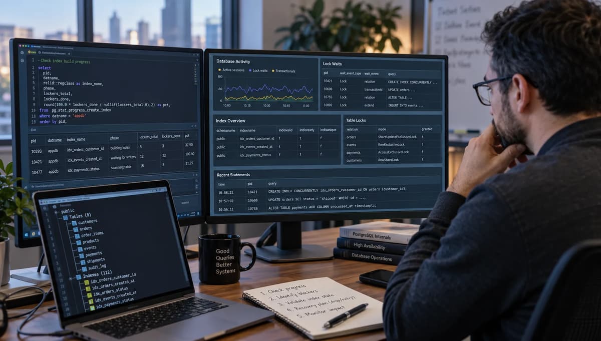 Database engineer diagnosing a failed PostgreSQL concurrent index build using SQL queries, index-state checks, and lock-wait monitoring dashboards