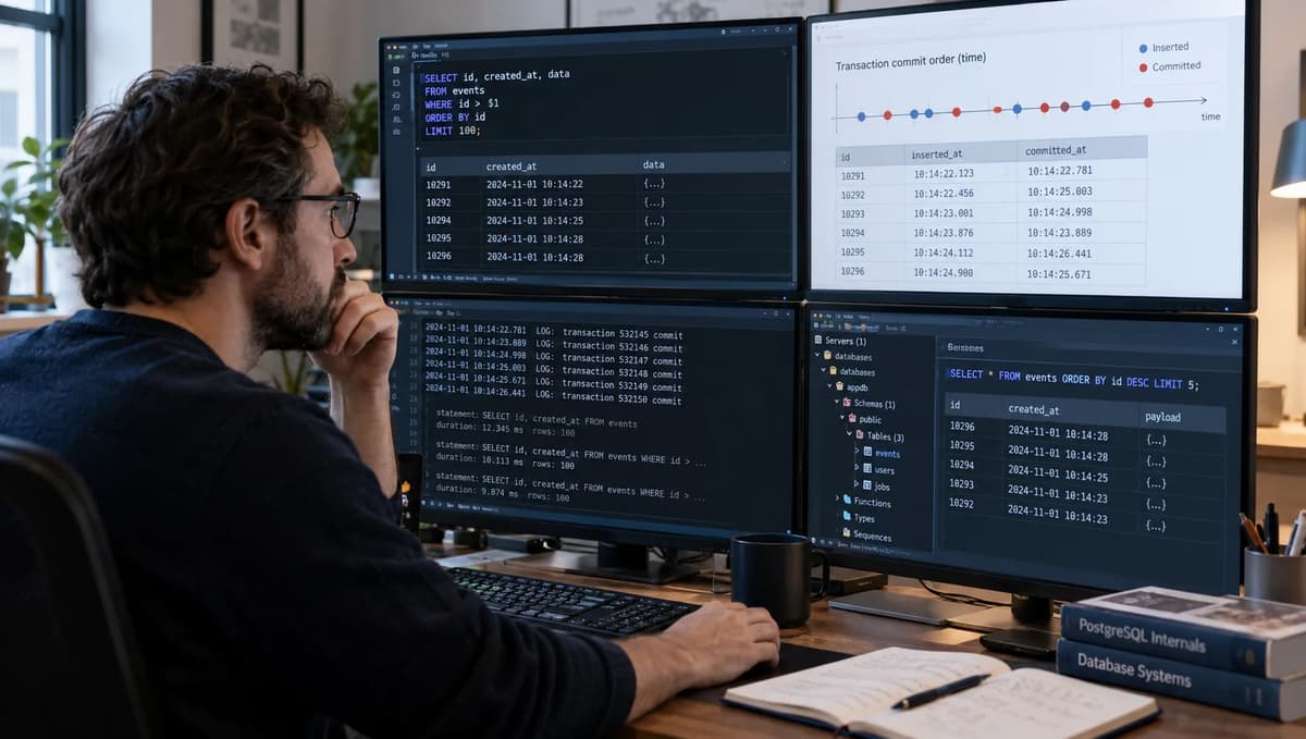 Database engineer reviewing PostgreSQL queries to investigate committed rows skipped by an ID-based watermark.