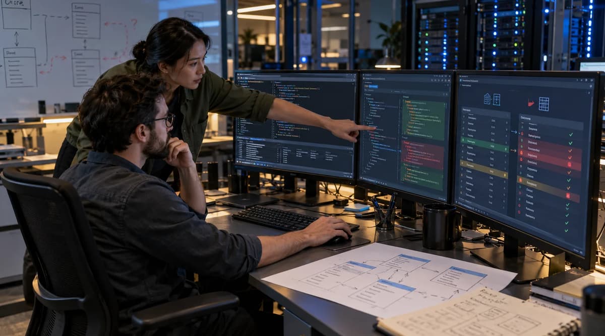 Database engineers comparing an existing PostgreSQL table definition with an expected schema manifest on multiple monitors.