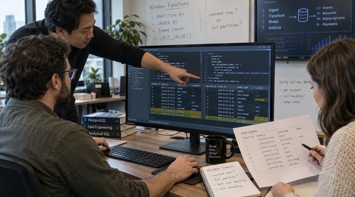 Three database engineers compare PostgreSQL LAST_VALUE results and full-partition window frames on a desktop monitor.