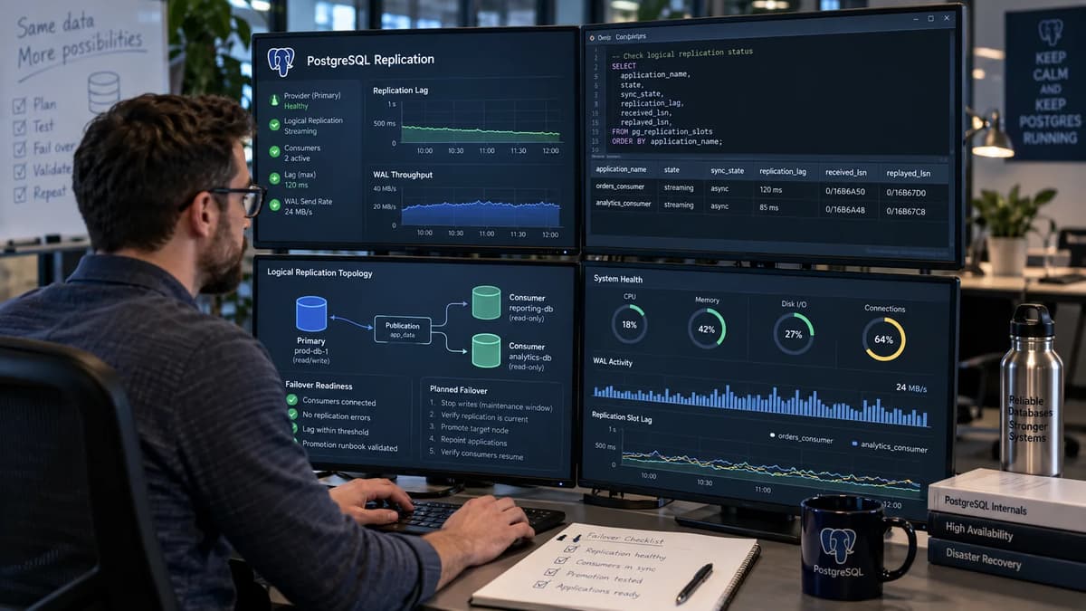 Database reliability engineer monitoring PostgreSQL logical replication and failover readiness dashboards at a multi-screen workstation