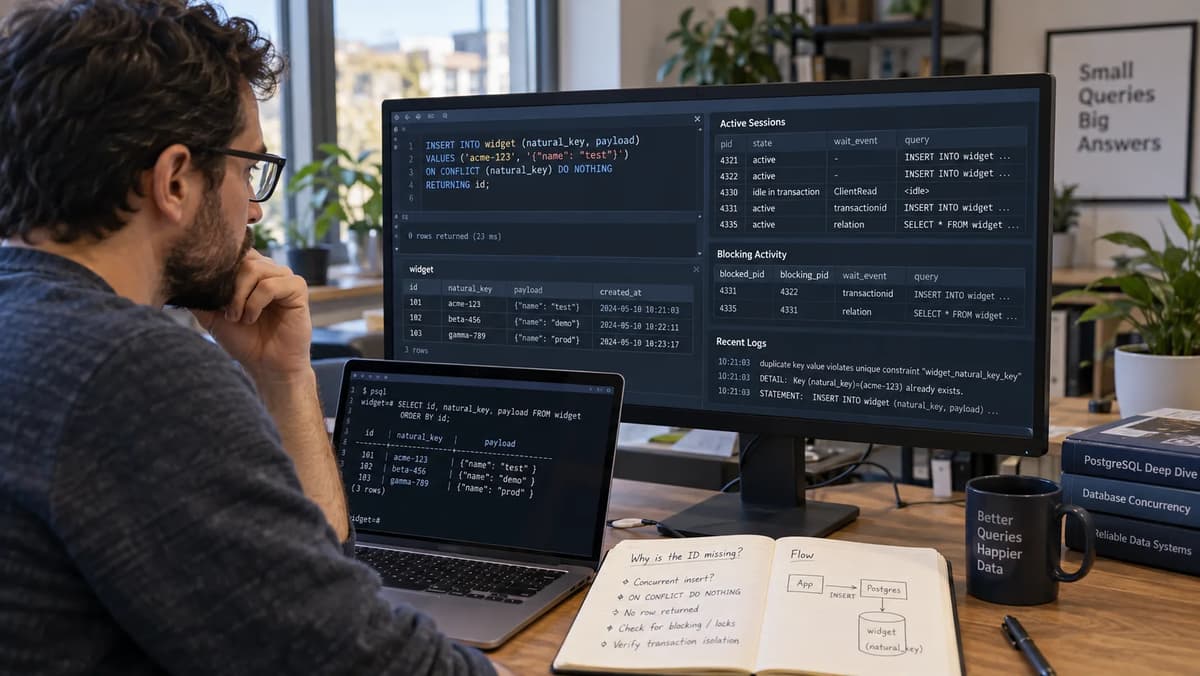Database engineer investigating a PostgreSQL ON CONFLICT concurrency issue on multiple monitors