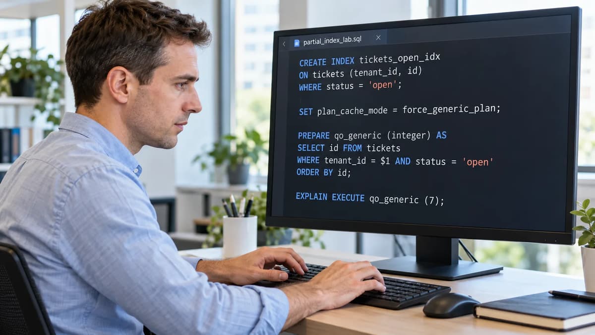 Database engineer reviewing PostgreSQL prepared query plans and partial index usage on a workstation.