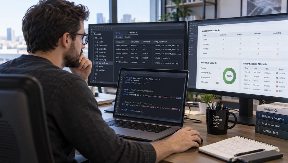 Database engineer validating PostgreSQL row-level security policies and runtime role access on multiple screens