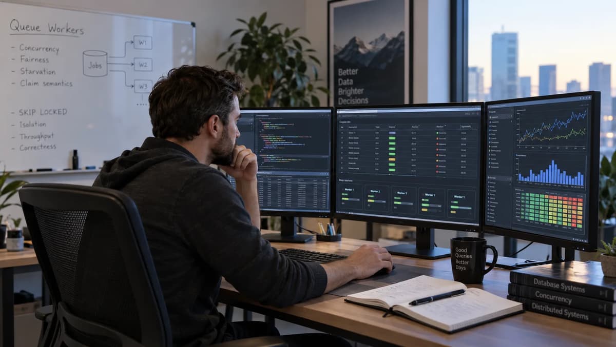 Database engineer monitoring PostgreSQL SKIP LOCKED queue workers for fairness, starvation, and claim behavior