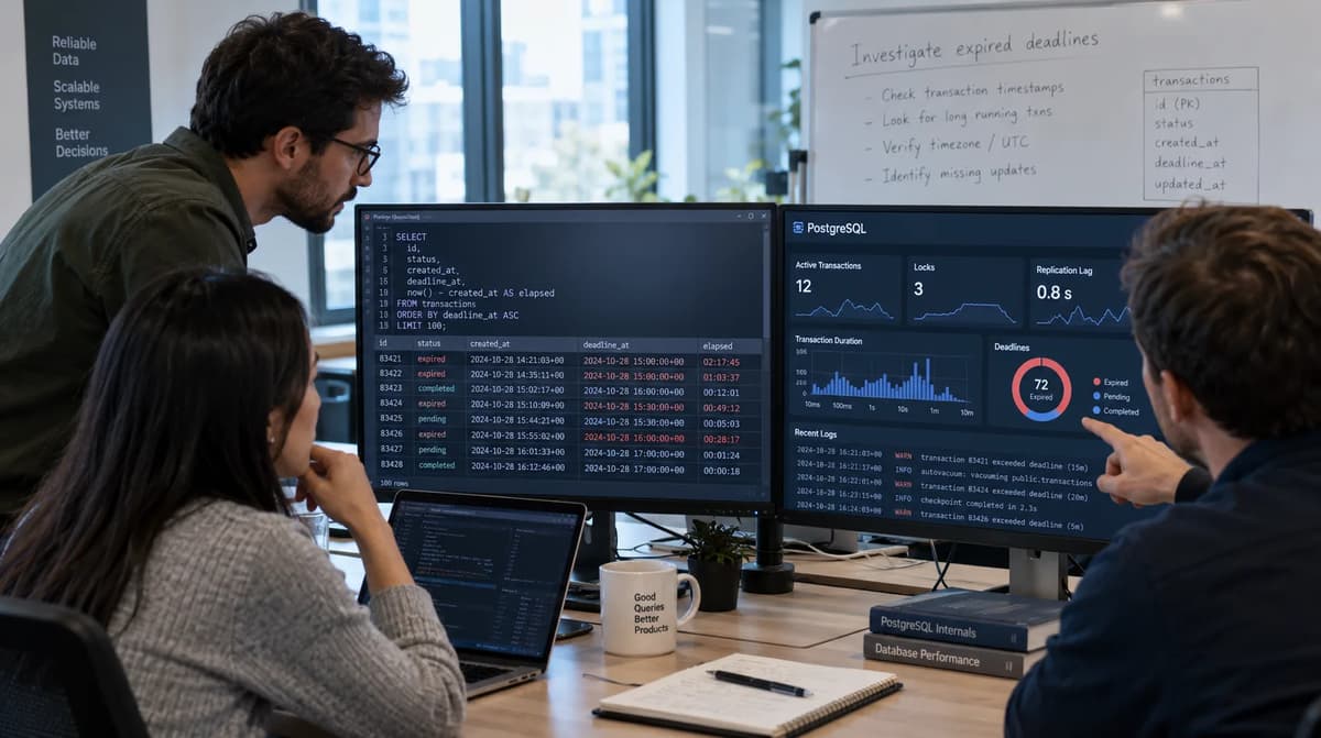 Database engineers reviewing PostgreSQL transaction timestamps and expired deadlines on office monitors