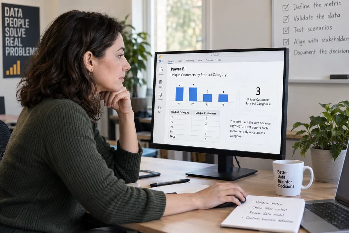 Business intelligence analyst validating non-additive DISTINCTCOUNT totals in a Power BI dashboard