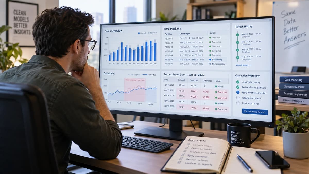 BI analyst reviewing Power BI historical partitions, refresh history, and corrected report data