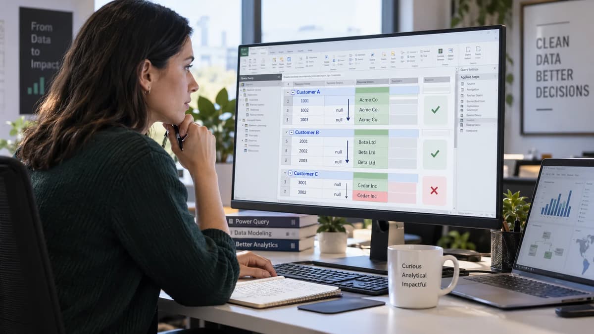 BI analyst reviewing customer-grouped Power Query fill-down results and donor-row validation in Power BI Desktop.
