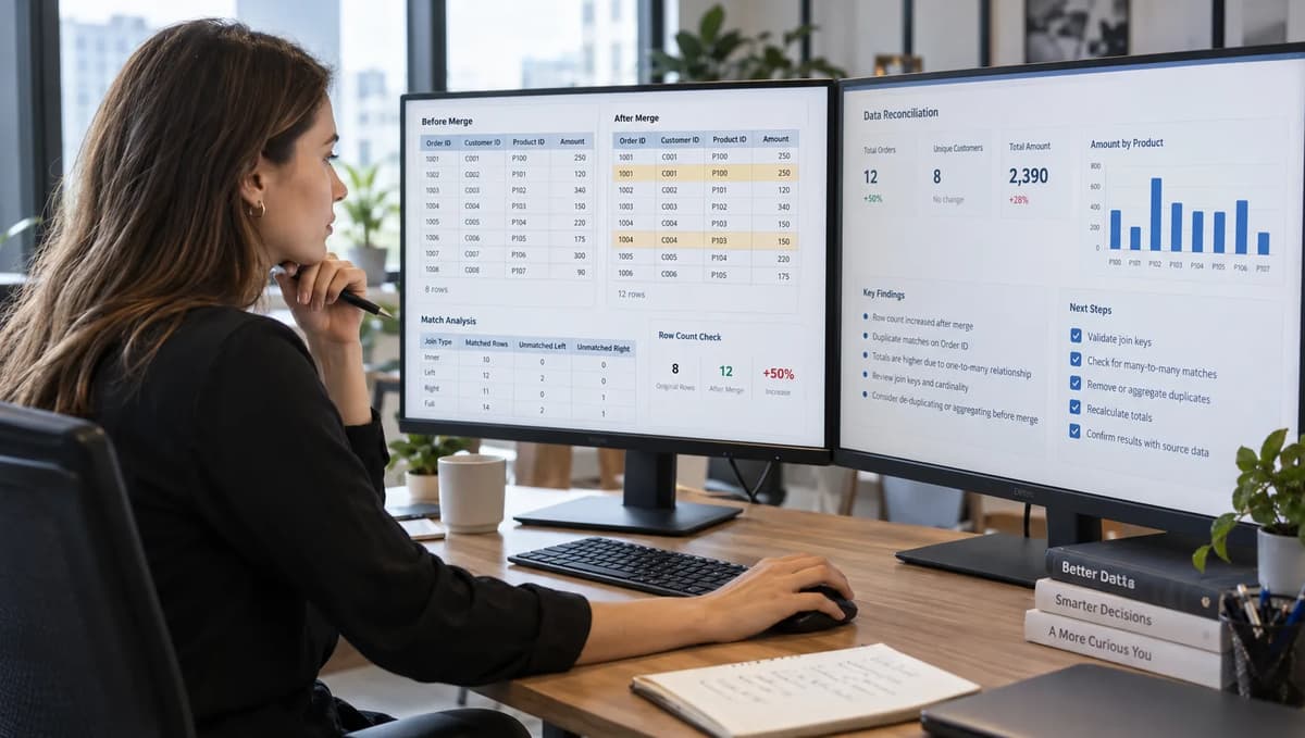 Business intelligence analyst auditing Power Query merge cardinality, duplicated rows, and changed totals on dual monitors