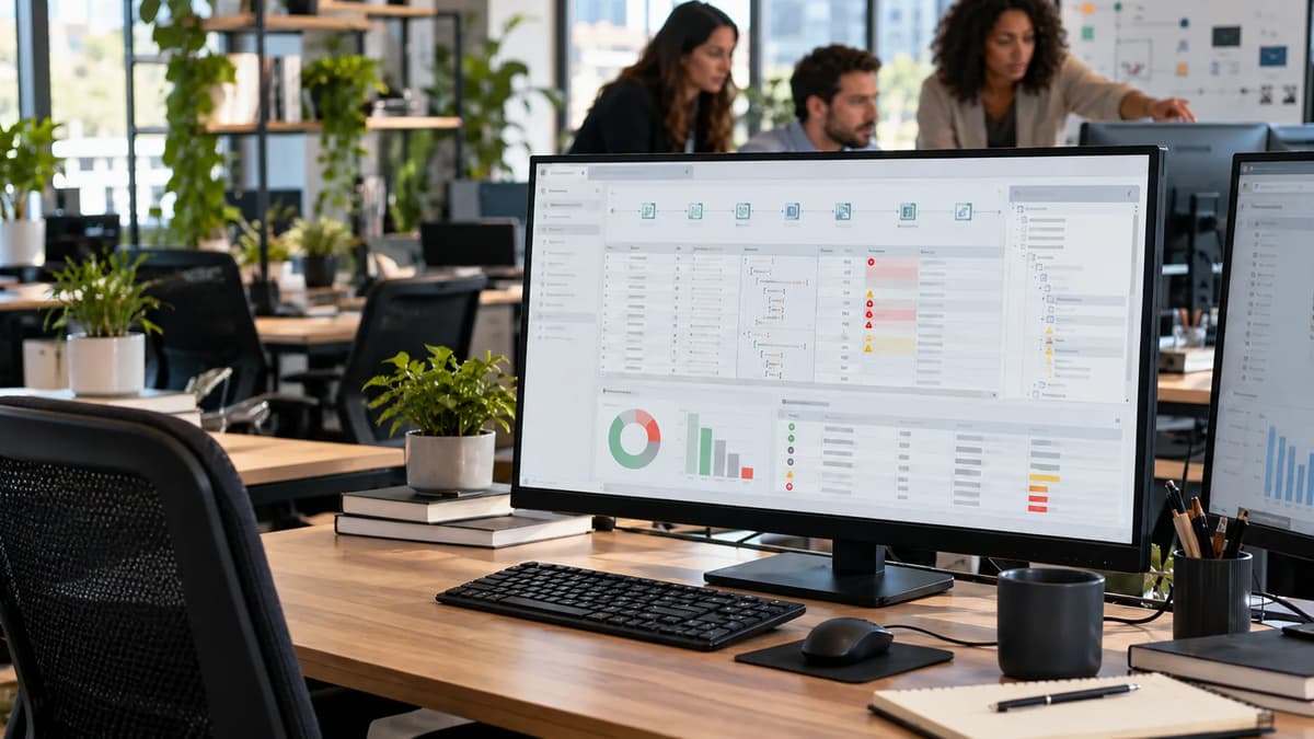 BI engineers reviewing Power Query nested-field errors and a row-level validation audit on desktop monitors.