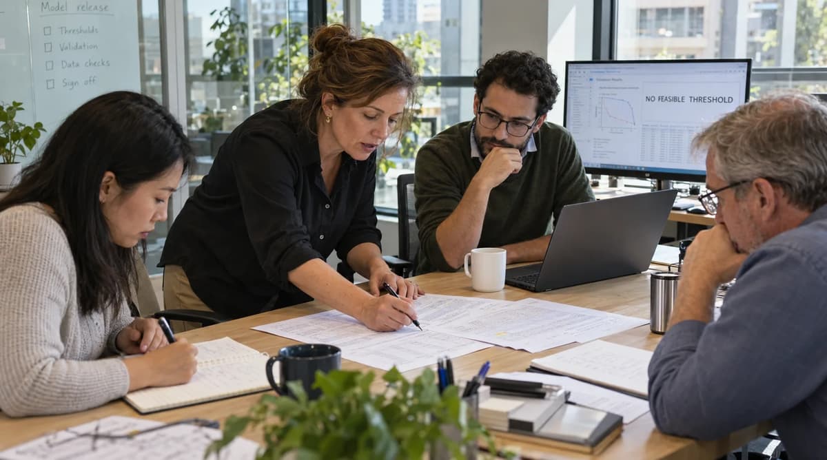 Four machine-learning professionals reviewing prediction results, with “No feasible threshold” displayed on a monitor.